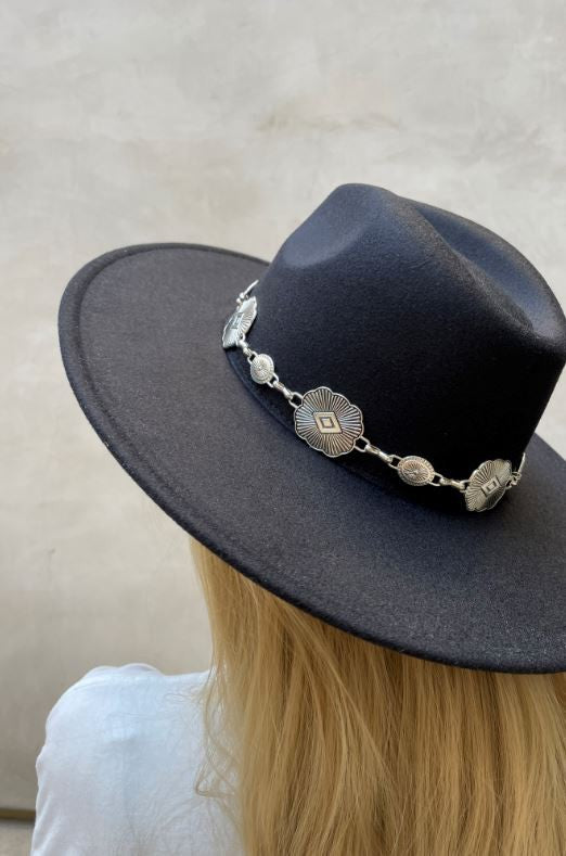 Black Wide Brim Chain Felt Hat