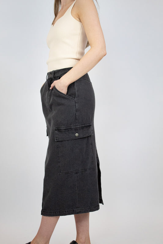 Washed Denim Cargo Skirt