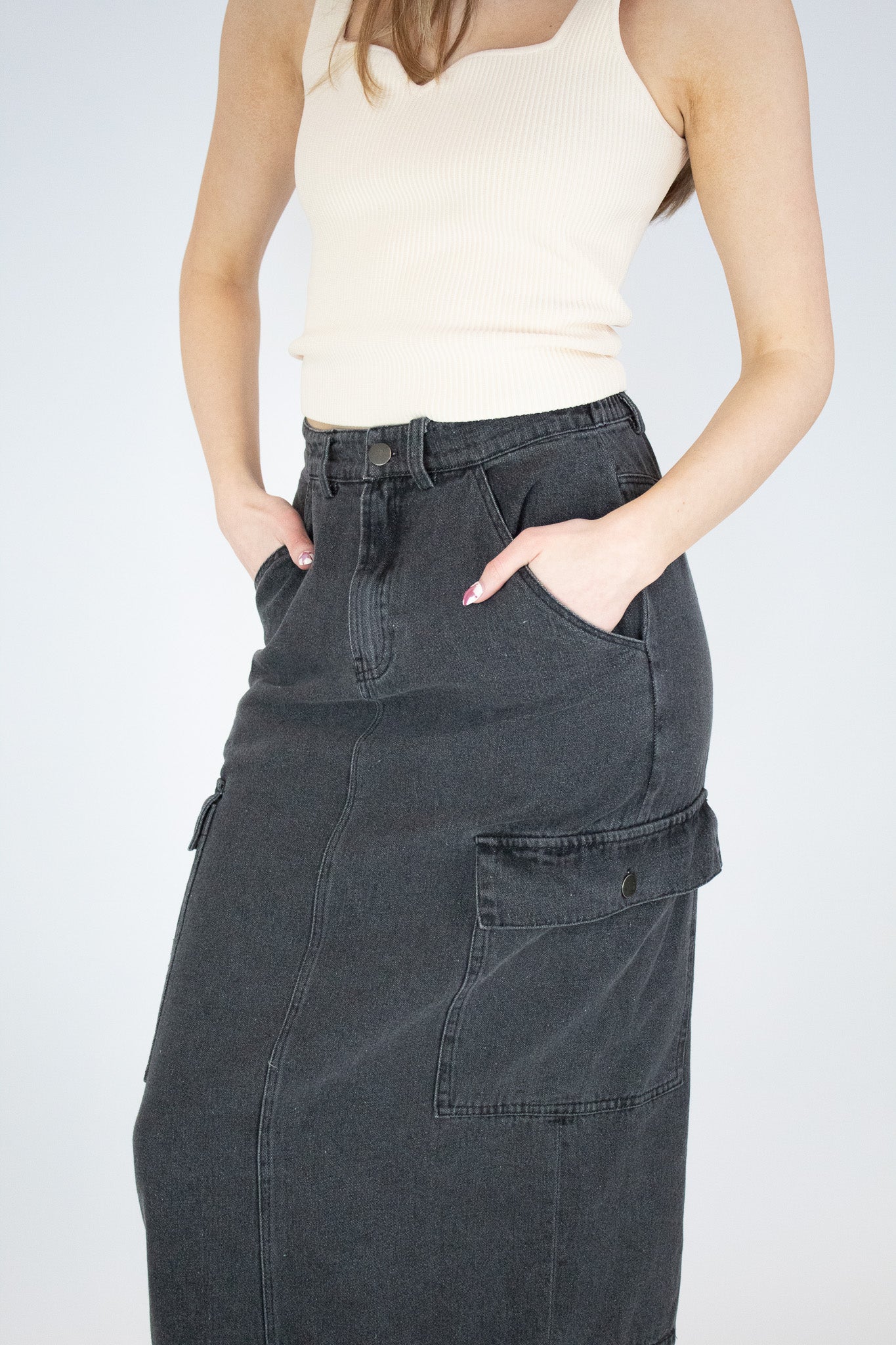 Washed Denim Cargo Skirt